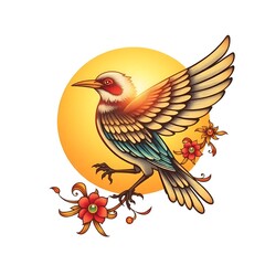 Fototapeta premium Artistic Bird with Spread Wings in Traditional Asian Style Against Sun