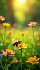 Warm sunlight filters through a lush green meadow as a busy bee collects nectar from colorful summer flowers, honey, garden, pollen
