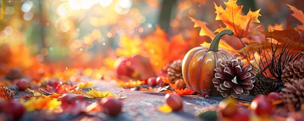 A pumpkin is on a table with some leaves and apples