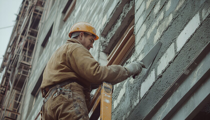 Fototapeta premium Bricklayer is near brickwork on exterior wall with putty knife in construction site
