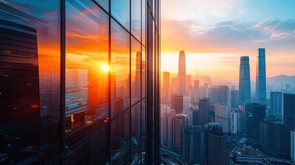 Futuristic city skyline illuminated by sunset colors over urban landscape