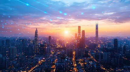 Fototapeta premium Futuristic city skyline glows at sunset with vibrant architectural designs
