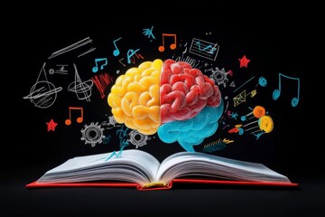 Book open with colorful brain illustration and musical notes emerging, showcasing creativity and knowledge
