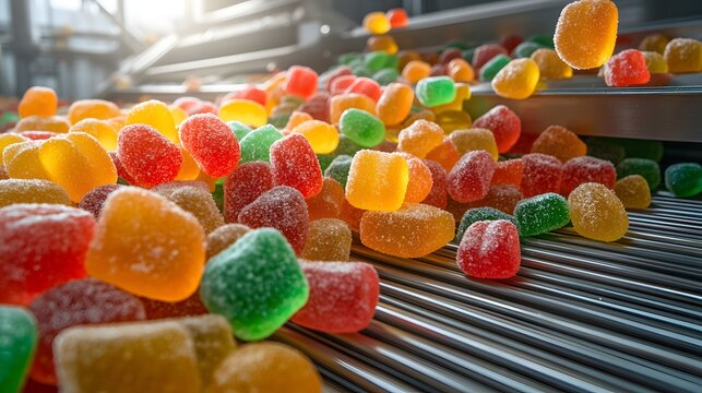 Colorful gummy candies in a production line showcasing vibrant textures and a lively assortment of sweet treats scattered across a conveyor belt in a modern factory setting.