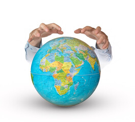 Power, world politics and control over the planet Earth. Male hands over the Earth planet sphere or globe isolated on white background.