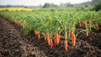 Freshly grown carrots with vibrant orange hue their lush green tops swaying in the gentle rural breeze