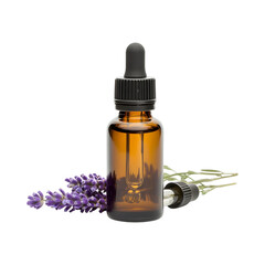 Small Glass Bottle of Lavender Essential Aromatherapy Oil on transparent background