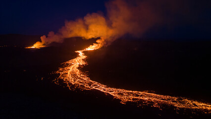 Iceland Volcano near Grindavik, Lava field at sunset aerial view