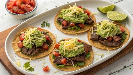 Delicious beef tostad served with fresh toppings and lime wedges for a flavorful meal