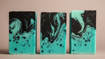 Three artisan soaps with teal and black marbled design.
