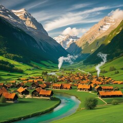 Rustic village square with a central fountain
