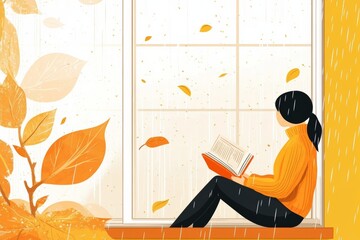 cozy autumn illustration of a person reading a book by a window, with rain softly tapping against the glass