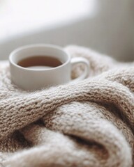 Cozy morning: warm knit blanket and tea in soft light