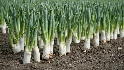 Obraz premium Fresh leeks growing in orderly rows with white stalks and vibrant green leaves emerging from fertile soil