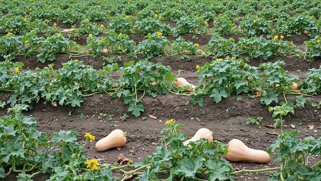 Vibrant butternut squash field with yellow blossoms and green vines