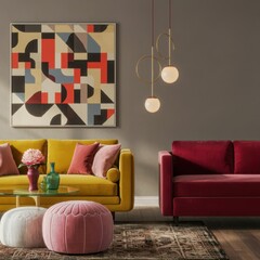 Retro modern living room, vibrant color palette, yellow sofa, red couch, teal wall, framed abstract artwork, gold pendant lights, velvet upholstery, geometric coffee table, pink ottoman poufs, dark te