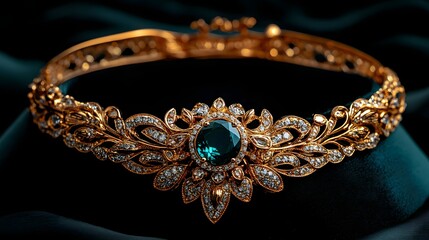 Obraz premium Exquisite Vintage Gold Crown with Emerald and Diamond Accents on Elegant Fabric Background, Perfect for Luxurious Fashion or Jewelry Display