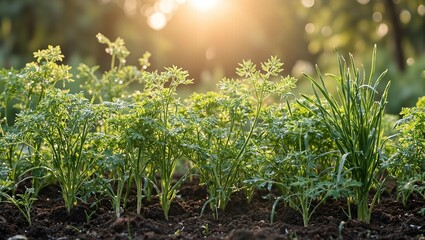 Obraz premium Tranquil garden with dill parsley and chives gleaming with dew in the gentle morning sun