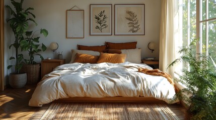 Cozy Sunlit Bedroom Interior with Plants and Neutral Tones