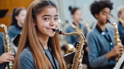 Young girl learning to play saxophone in music class