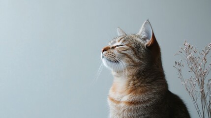 Obraz premium Serene Tabby Cat Profile Against Light Blue Wall