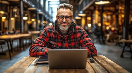 Fototapeta premium A man wearing glasses and a red plaid jacket is sitting at a table with a laptop in front of him. He is smiling and enjoying himself