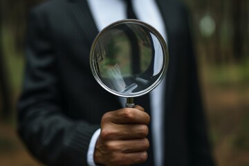 Close up of a businessman holding a magnifying glass, emphasizing detail and focus in his work