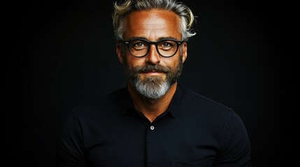 Obraz premium A man with a beard and glasses is standing in front of a black background. He is wearing a black shirt and a black tie