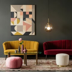 Retro modern living room, vibrant color palette, yellow sofa, red couch, teal wall, framed abstract artwork, gold pendant lights, velvet upholstery, geometric coffee table, pink ottoman poufs, dark te