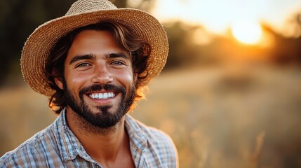 A man with a straw hat and a smile on his face. He is wearing a plaid shirt and a straw hat