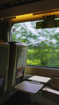 Toronto, Ontario, Canada, October 2, 2021: Passenger window seats in a fast first class intercity Via Rail train commuting from Toronto, Ontario to Montreal, Quebec