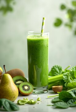 Healthy eating, vegan, alkaline and vegetarian concepts. Green smoothie with celery, kiwi and spinach.