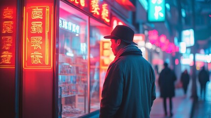 Obraz premium Contemplative Man in Neon-Lit Asian City Street at Night
