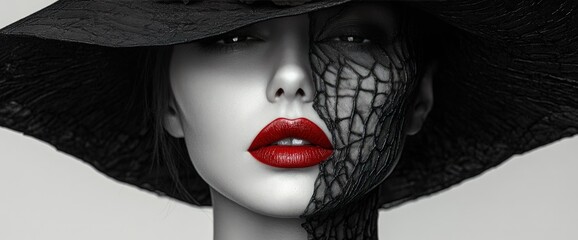 Close-up portrait of a woman wearing a wide-brimmed hat, half of her face is covered with black lace, and she has red lips.