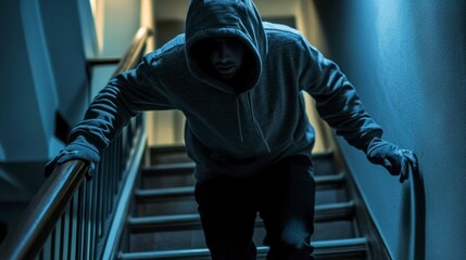 Hooded Figure Ascending Staircase at Night - Suspicious Activity