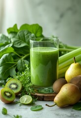 Healthy eating, vegan, alkaline and vegetarian concepts. Green smoothie with celery, kiwi and spinach.