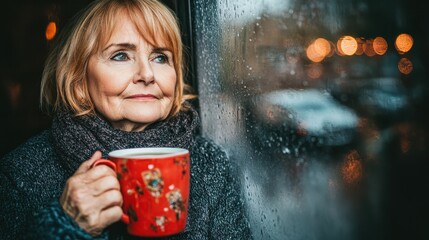 A woman is holding a red coffee mug and looking out the window. The scene is set in a rainy environment, with cars parked outside. The woman is enjoying her coffee and the view outside