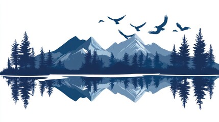 Mountain lake reflection, birds flying, forest, peaceful nature scene, design