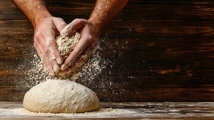 Obraz premium Hands Kneading Dough with Flour Dust in a Rustic Kitchen Setting, Capturing the Art of Bread Making and Culinary Craftsmanship in Action