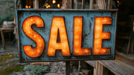Illuminated Vintage Sale Sign Hanging Outdoors