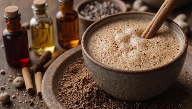 Variety of herbal extracts and maca root powder in a bowl with a maca latte in a cup garnished with a cinnamon stick
