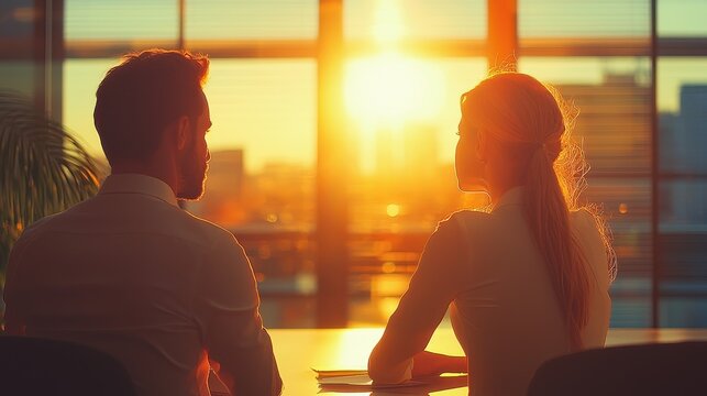 Couple Sitting Together in Office, Watching Sunset Through Glass Window, Serene Moment of Reflection and Connection