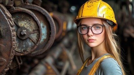 A woman wearing a yellow helmet and safety glasses stands in front of a rusty machine. Concept of caution and responsibility, as the woman is likely working in a hazardous environment