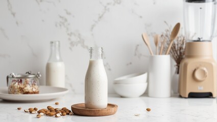 Minimalist kitchen counter with almond milk bottle raw almonds blender Soft neutral colors create a serene ambiance