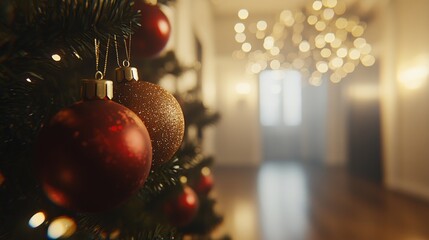 Beautiful Christmas Tree Close-Up with Decorated Ornaments and Blurred Background Filled with Festive Lights Creating a Cozy Holiday Atmosphere