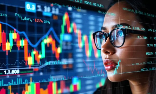 a woman wearing glasses looks at the trading chart screen