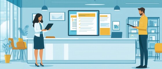Two Professionals Working in Modern Office with Digital Displays and Informal Atmosphere for Collaboration and Presentation