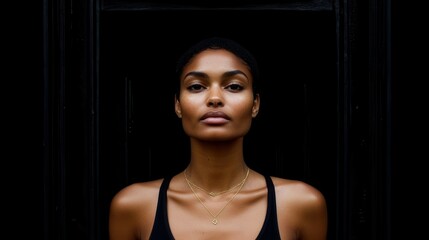 Fototapeta premium A woman with a gold necklace and a black tank top. She is looking at the camera. The image has a mood of confidence and elegance