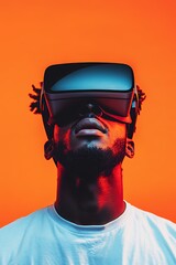 Virtual Reality Experience Captivates Young Man Against Vibrant Orange Backdrop in Urban Setting