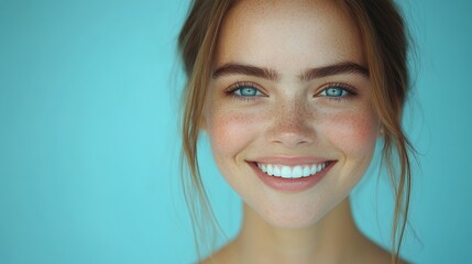 A woman with a smile on her face and her hair in a bun. She has blue eyes and is wearing makeup